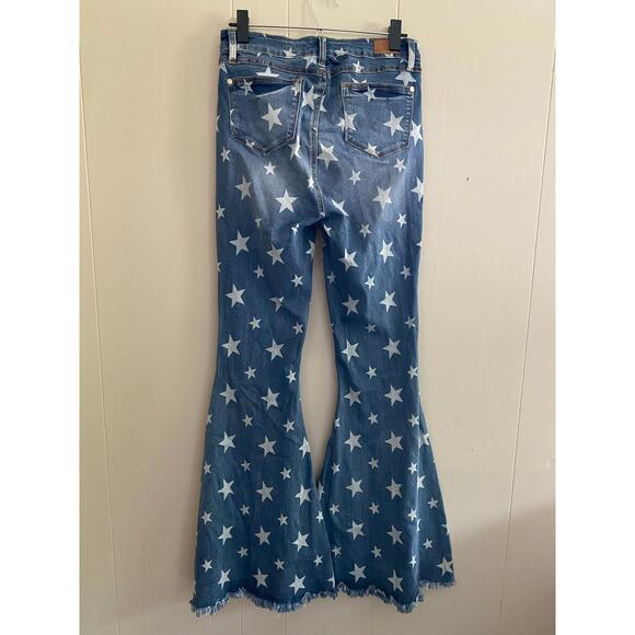 Judy Blue Women's size 9 / 29 Super Flare Star Print Jeans High‎ Rise Frayed - Picture 7 of 11